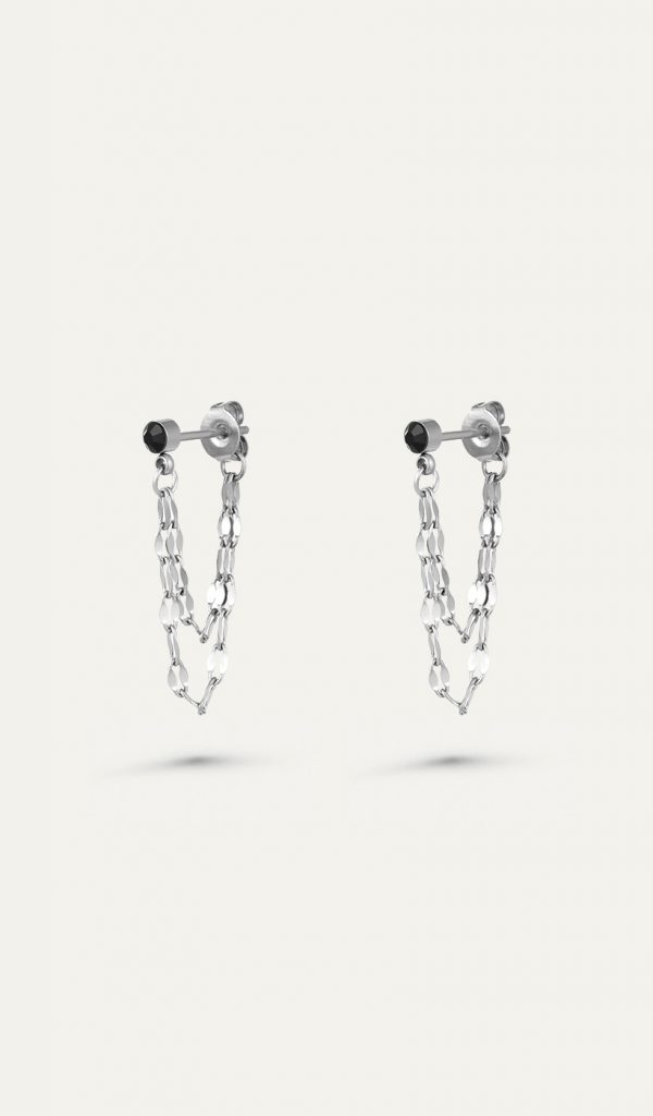 black stone chain earrings zilver
